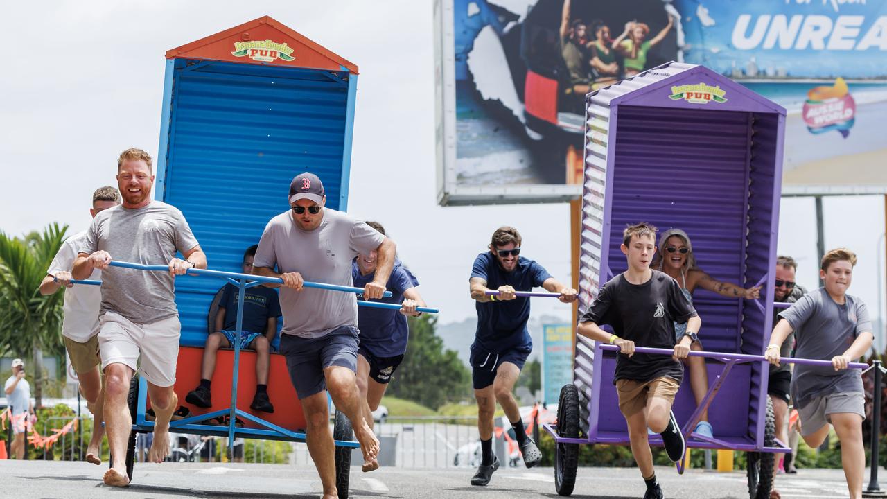 Teams compete in the annual Australia Day Outback Dunny race at Glenview on the Sunshine Coast. Picture: Lachie Millard