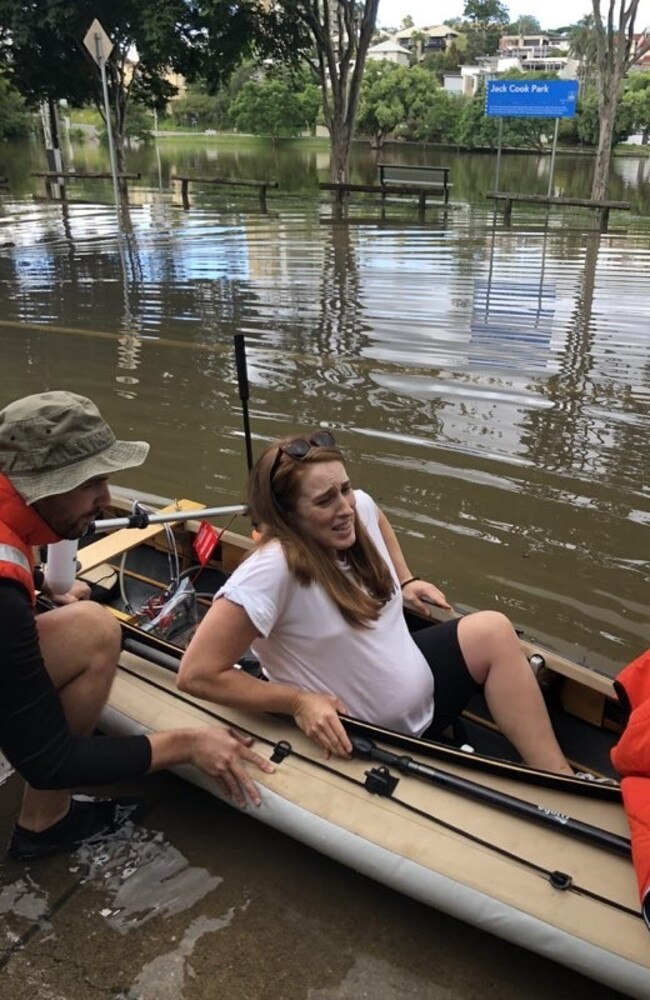 Krystle Henry was rescued by "Rob'' in his kayak just in time for her to give birth at the Mater.