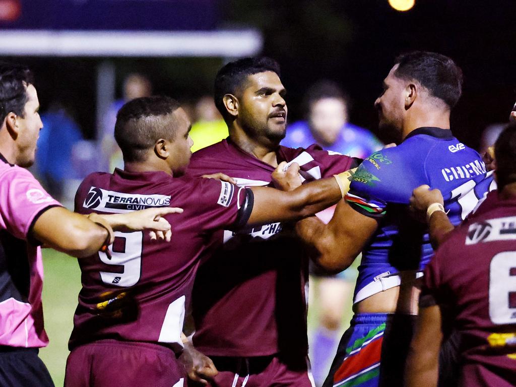 A scuffle breaks out in the Far North Queensland Rugby League (FNQRL) Men's minor semi final match between the Innisfail Leprechauns and the Yarrabah Seahawks, held at Smithfield Sporting Complex. Picture: Brendan Radke