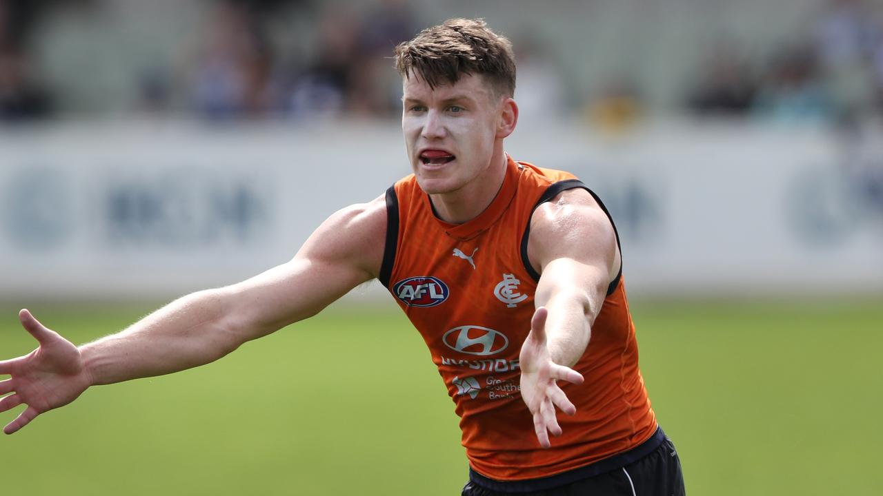 Carlton star Sam Walsh is back training on a modified program and is expected to rejoin full training next week. Picture: David Crosling