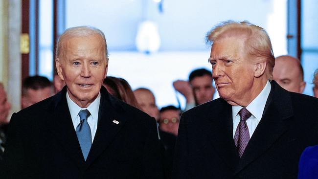 US President Joe Biden (L) and President-elect Donald Trump arrive for the inauguration ceremony where Donald Trump will sworn in as the 47th US President in the US Capitol Rotunda in Washington, DC.