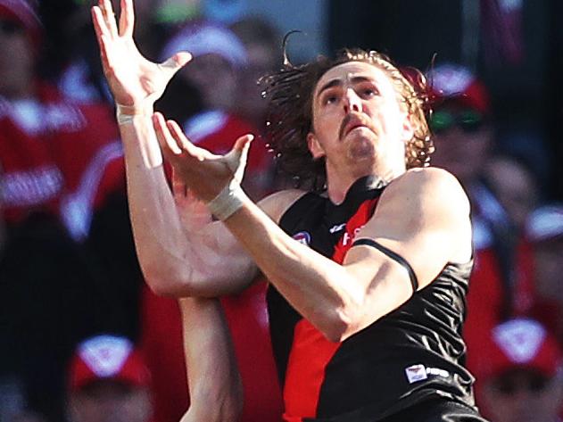 Essendon's Joe Daniher takes big mark over Sydney's Heath Grundy during AFL Elimination Final match between the Sydney Swans and Essendon Bombers at the SCG. Picture. Phil Hillyard