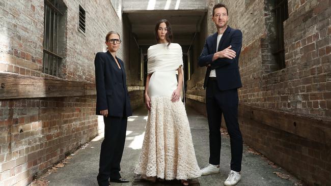 Model Skye Burn in a Carla Zampatti creation, flanked by creative director Karlie Ungar and chief executive Alex Schuman. Picture: John Feder