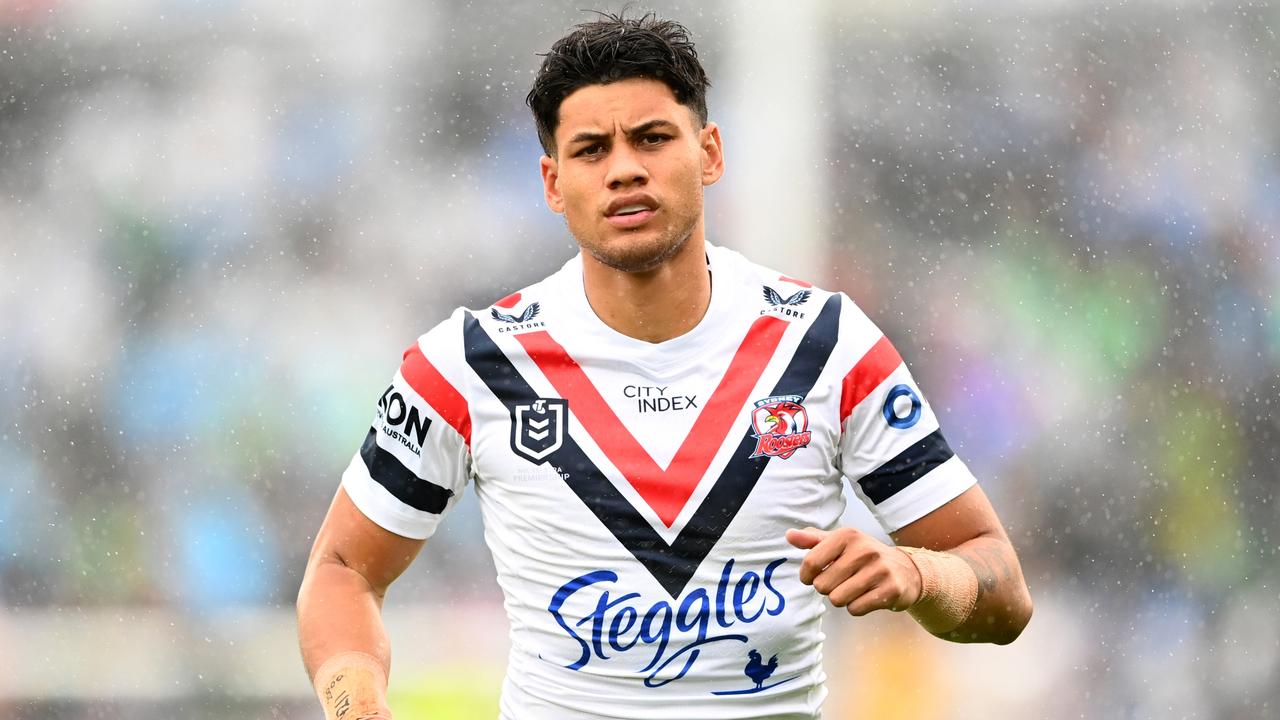 AUCKLAND, NEW ZEALAND - APRIL 30: Jaxson Paulo of the Roosters looks on during the round nine NRL match between New Zealand Warriors and Sydney Roosters at Mt Smart Stadium on April 30, 2023 in Auckland, New Zealand. (Photo by Hannah Peters/Getty Images)