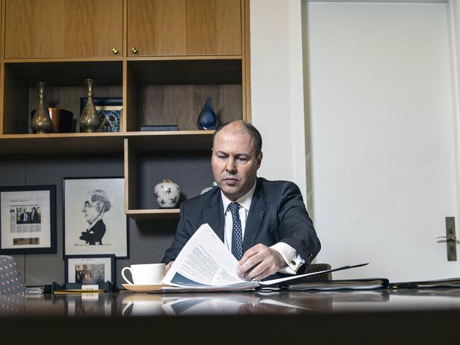 Federal Treasurer Josh Frydenberg in his office ahead of next week’s budget. Picture: Gary Ramage