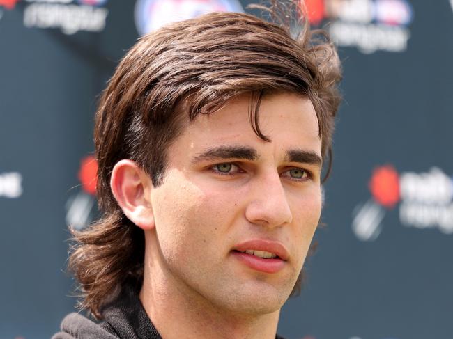 MELBOURNE, AUSTRALIA - NOVEMBER 15: Josh Rachele speaks to the media during a 2021 AFL Draft Combine Media Opportunity at Trevor Barker Oval on November 15, 2021 in Melbourne, Australia. (Photo by Jonathan DiMaggio/Getty Images)