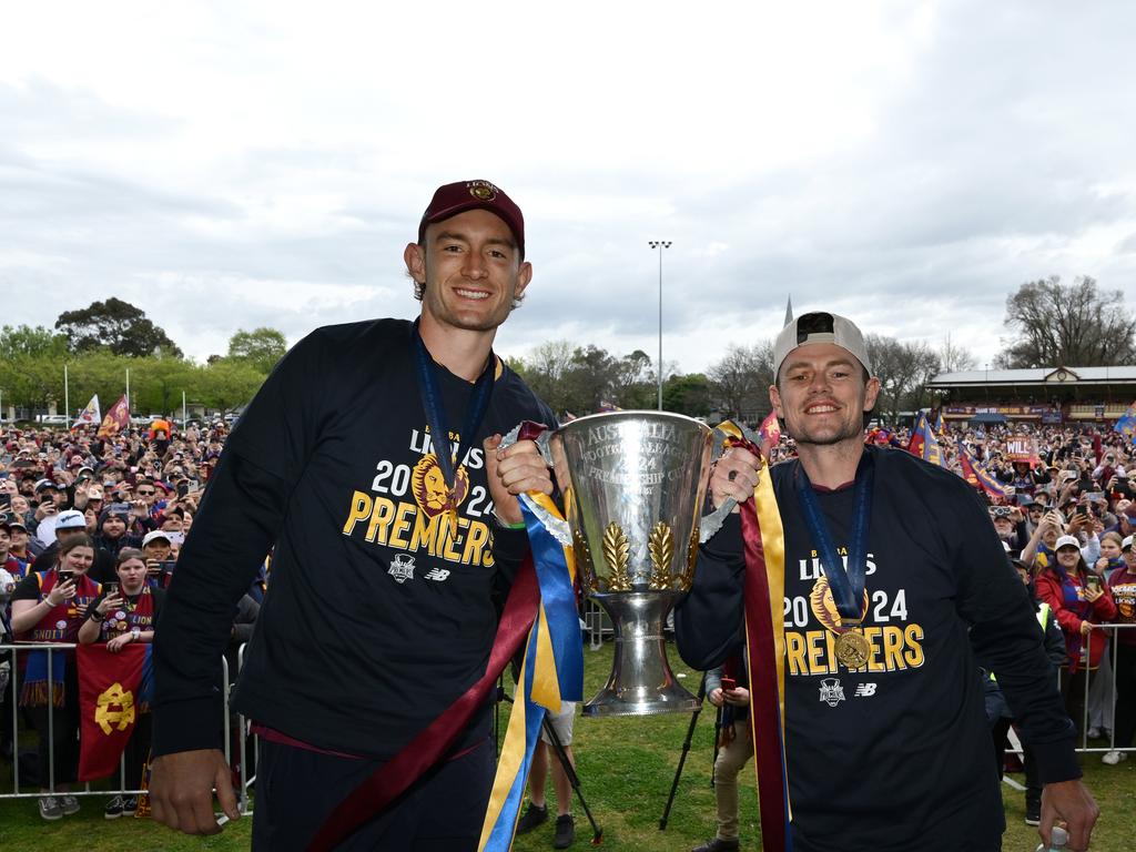 Lions co-captains Harris Andrews (left) and Lachie Neale celebrate the club’s 2024 AFL premiership success. Picture: Quinn Rooney/Getty Images