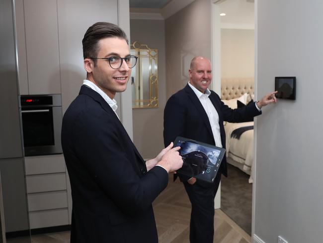 Tony Johnson CEO of Lateral Estate and Luke Davidson Interior Designer of Lateral Estate for a real estate section story about the future tech inside houses. Tony and Luke with the Darwin system at their display home in Kogarah, Sydney. Picture: Brett Costello