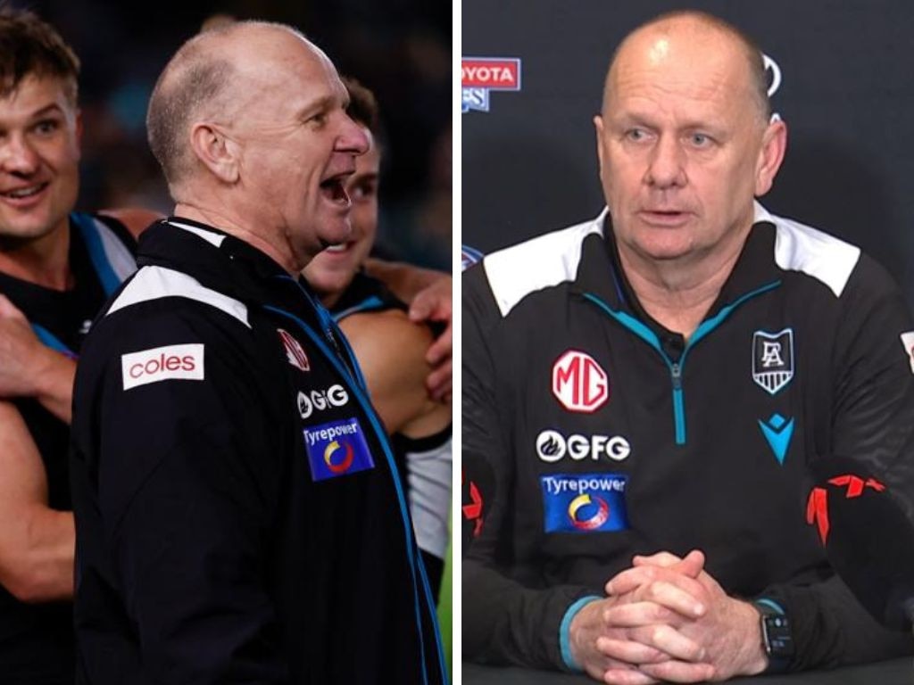 A fired up Hinkley on-field and far more contrite in his post-match press conference. Photos: Fox Sports/Getty Images