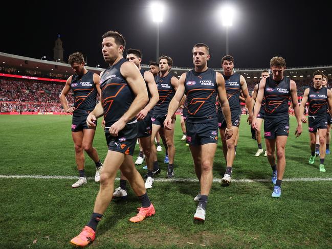 The Giants walk off the SCG after their heartbreaking loss to the Swans. Picture: Matt King/AFL Photos/via Getty Images.