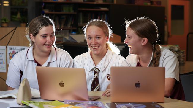 St Peters Lutheran College students Ella Ramsay, Victoria Kuhn, and Ella Kreutzer. Picture: Adam Head