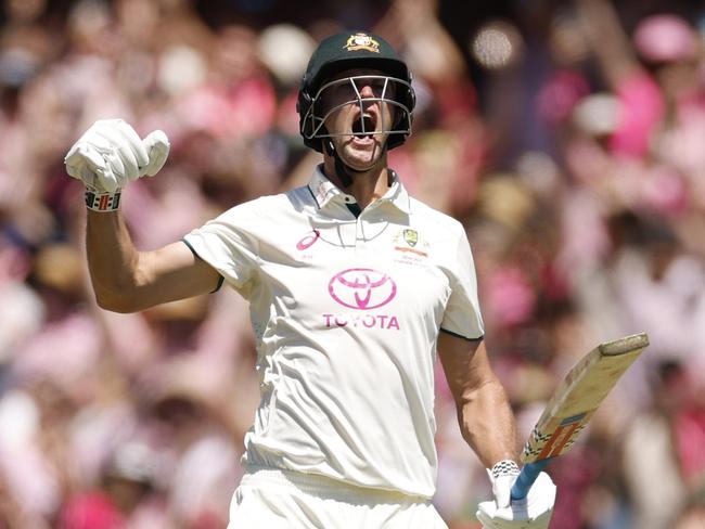 SYDNEY, AUSTRALIA - JANUARY 05: Beau Webster of Australia celebrates hitting the winning runs during day three of the Fifth Men's Test Match in the series between Australia and India at Sydney Cricket Ground on January 05, 2025 in Sydney, Australia. (Photo by Darrian Traynor/Getty Images)