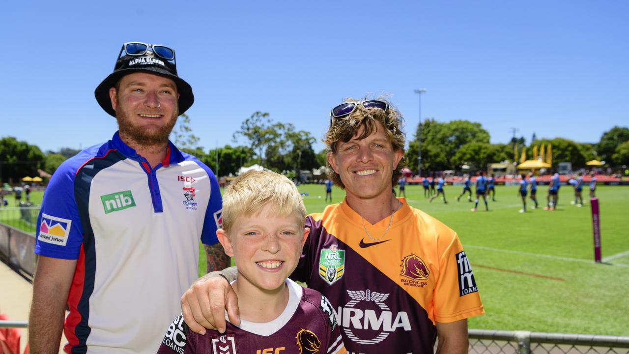 At the NRL Pre-Season Challenge game between Broncos and Titans are (from left) Mitch Trahair, Bently Hockins and David Hockins at Toowoomba Sports Ground, Sunday, February 16, 2025. Picture: Kevin Farmer