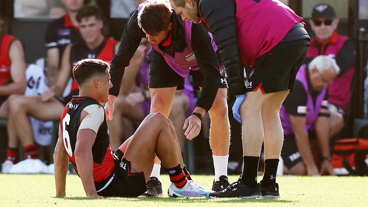 Jye Caldwell after injuring his ankle during the 3rd quarter. Picture: Michael Klein