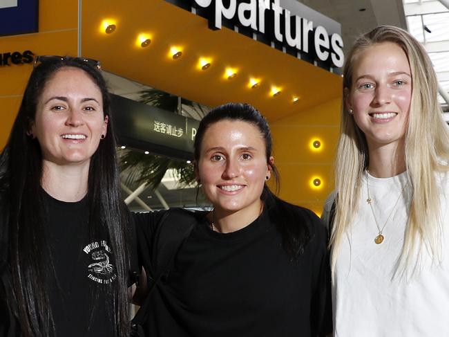 Bridie Carter, Emma Josey, and Stephanie Greer pictured at the Brisbane International Airport departing for Bali, Brisbane 26th of July 2022.  (Image/Josh Woning)