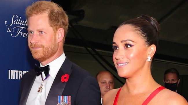 NEW YORK, NEW YORK - NOVEMBER 10: Prince Harry, Duke of Sussex, and Meghan, Duchess of Sussex attend as Intrepid Museum hosts Annual Salute To Freedom Gala on November 10, 2021 in New York City. (Photo by Theo Wargo/Getty Images for Intrepid Sea, Air, & Space Museum)