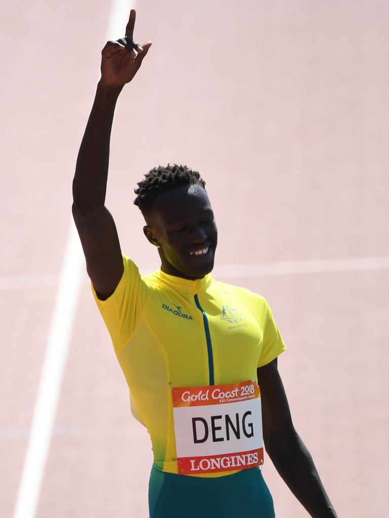 Joeseph Deng waves to the crowd after the Men's 800m Heats.