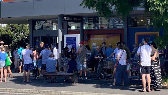 Shoppers waiting for Aldi West End to open its doors on Saturday morning.