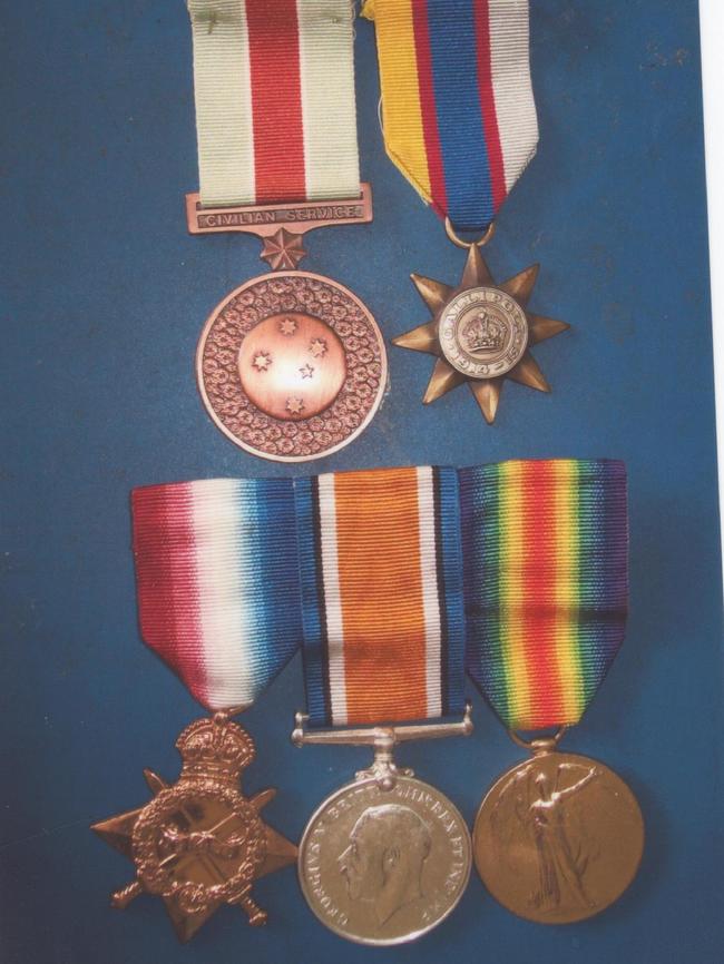 Bernard Morris's war medals. The average lifespan of a Gallipoli stretcher bearer was 14 days. Bernard lasted 14 weeks.