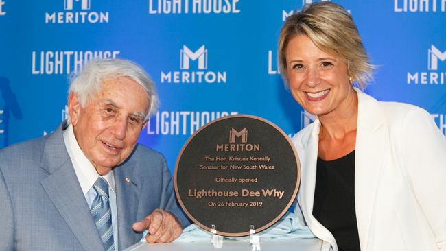 Harry Triguboff and ALP Senator Kristina Keneally unveiling the plaque at the grand opening, of the Lighthouse at Dee Why in February, 2019. (AAP IMAGE/ Tim Pascoe)