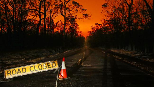 Mallacoota Fires Saturday. Fire closes in on the township. Roads out still closed as the fires return around the town.         Picture: David Caird