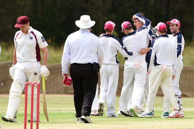Cricket Gold Coast’s Kookaburra Cup. Day two between Mudgeeraba Nerang and Burleigh at Nerang RSL Oval. Burleigh batsman Rhys McCarthy out. Picture: Steve Holland.