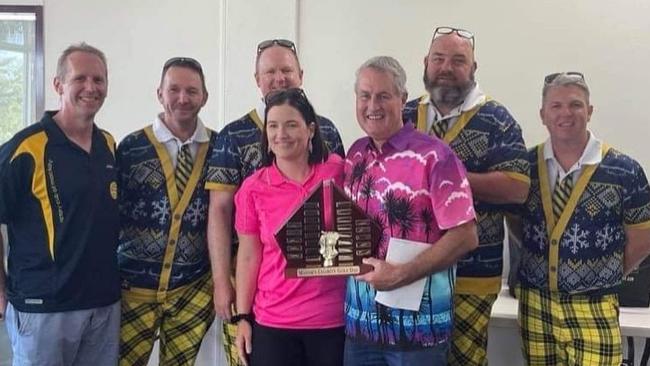 Enlightened Financial Solutions Director James Wortley with Paul Walsh, Ian Walker, Abby Walsh, Mayor Greg Williamson, Greg Clarke and Jason Kelly at the Mayor's inaugural charity golf day, 2021. Picture: Stomping Elephants