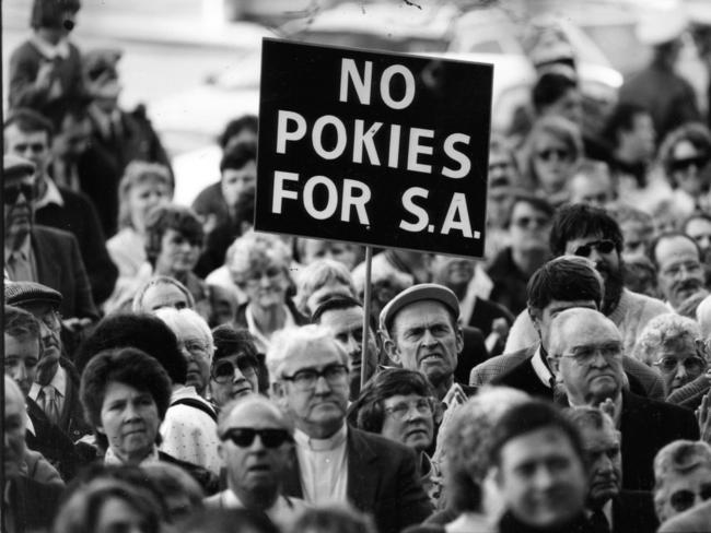 Protesters hold an anti-poker machine rally at Parliament House in Adelaide 1992. They were eventually introduced to pubs and clubs in 1994. The pokies, not the protesters.