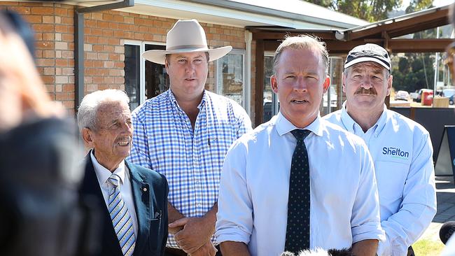 Late Former Spring Bay Mayor Michael Kent, left, Liberal Lyons candidate John Tucker, Premier Will Hodgman and Liberal MP Mark Shelton in Triabunna during the 2018 State Election campaign. Picture: SAM ROSEWARNE