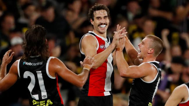 Max King celebrates one of his four final-quarter goals. Picture: Dylan Burns/AFL Photos via Getty Images