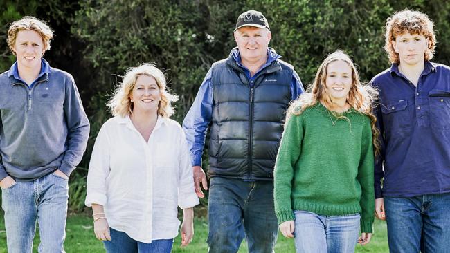 Yambuk farmers Andrew and Kerrie Graham with their children Millie, Tom and Sam (has the longer, auburn hair). Andrew is sharing what the has learnt about farm succession planning. Picture: Nicole Cleary