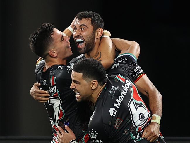 SYDNEY, AUSTRALIA - MAY 28: Alex Johnston of the Rabbitohs celebrates scoring a try during the round 12 NRL match between the South Sydney Rabbitohs and the Wests Tigers at Accor Stadium, on May 28, 2022, in Sydney, Australia. (Photo by Cameron Spencer/Getty Images)