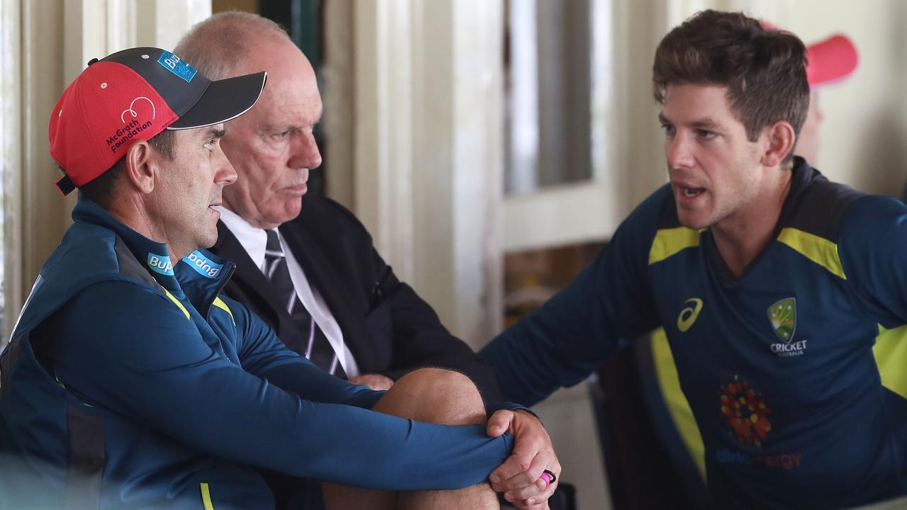 Australian coach Justin Langer, captain Tim Paine and selector Greg Chappell chat on day five of the SCG Test against India. (Photo by Mark Kolbe/Getty Images)