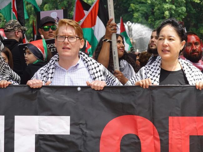 NSW government frontbencher Anthony D'Adam and Greens MP Jenny Leong leading a pro-Palestinain protest march in Sydney on Sunday. Supplied