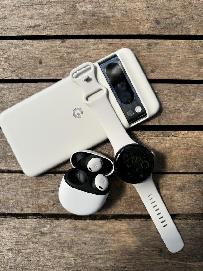 The Google Pixel 8 Pro in a porcelain-coloured case with a matching Pixel Watch 2 and Pixel Buds Pro. Picture: Joseph Lam