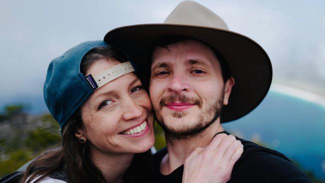 American couple Nathan Lanier and Lauren seeing the sights in Tasmania before they returned home on a United flight forced to make an emergency landing in New Caledonia.