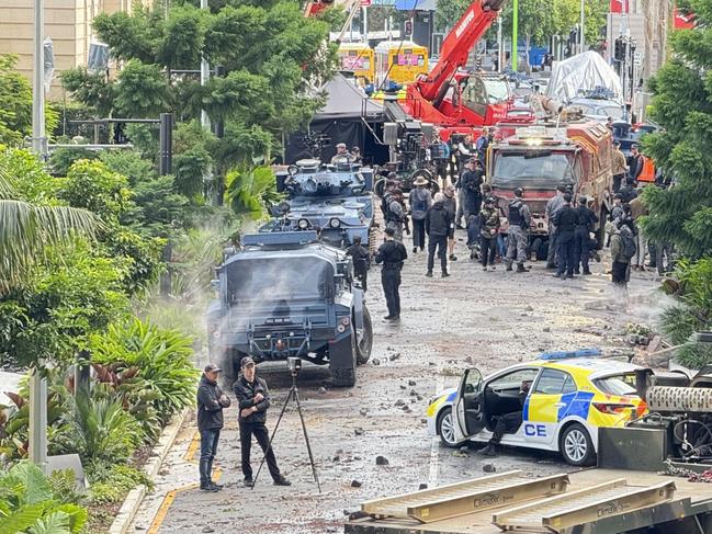 The film set on William St, Brisbane for the new Monsterverse movie. Photo: Georgia Clelland