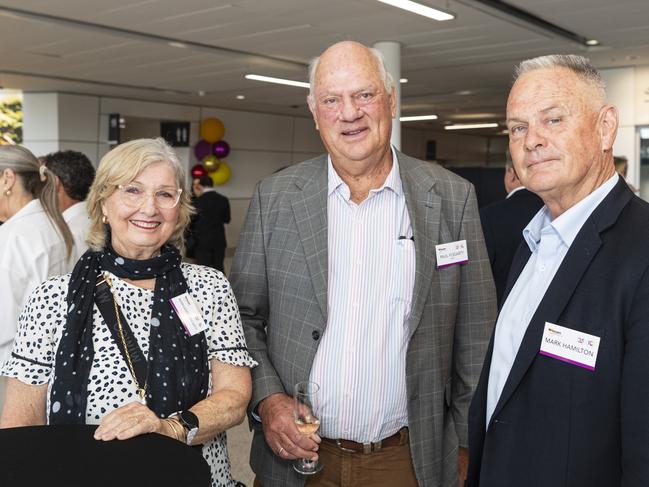 Celebrating the Wagner family's 35 years of business and a decade of Toowoomba Wellcamp Airport are (from left) Margaret Fogarty, Paul Fogarty and Mark Hamilton, Friday, November 8, 2024. Picture: Kevin Farmer