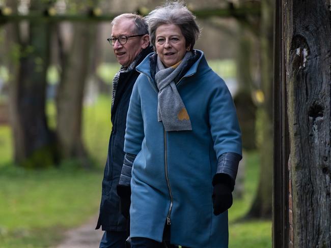 AYLESBURY, UNITED KINGDOM - MARCH 10:  British Prime Minister Theresa May and her husband Philip May leave after attending a church service on March 10, 2019 in Aylesbury, United Kingdom. The Prime Minister faces a vote on her Brexit deal in the Houses of Parliament on Tuesday, March 12, 2019.  (Photo by Chris J Ratcliffe/Getty Images) ***BestPix***