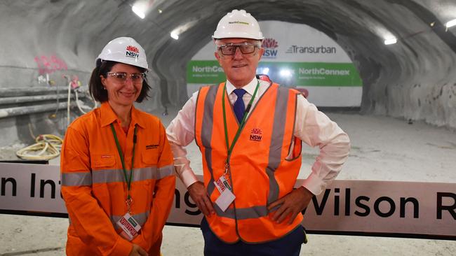 Then-prime minister Malcolm Turnbull and then-NSW premier Gladys Berejiklian watch the first tunnel breakthrough of the NorthConnex project in West Pennant Hills in Sydney, in 2017. Picture: AAP Image/Mick Tsikas