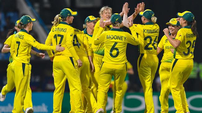 Australia celebrate a wicket in their trouncing of West Indies in the World T20 semi-final. Pic: AFP