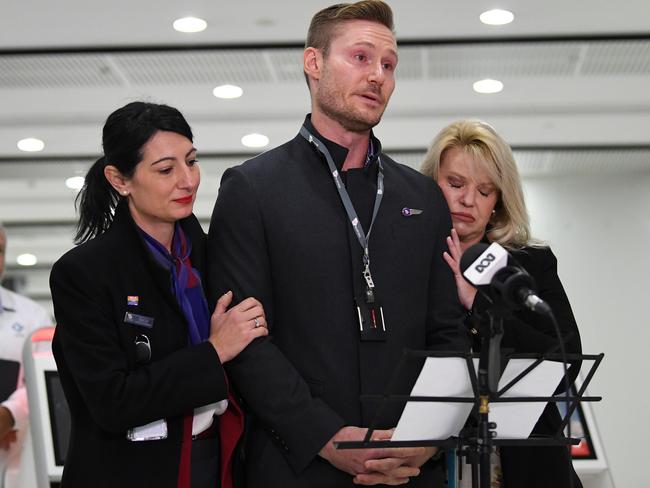 Virgin Australia employee Tony Smith speaks to the media during a press conference at Melbourne Airport in Melbourne. Picture: James Ross