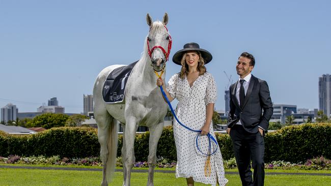 Sally Mallyon and Frank Paino with Smokey ahead of Derby Day at the Gold Coast Turf Club. Picture: Jerad Williams