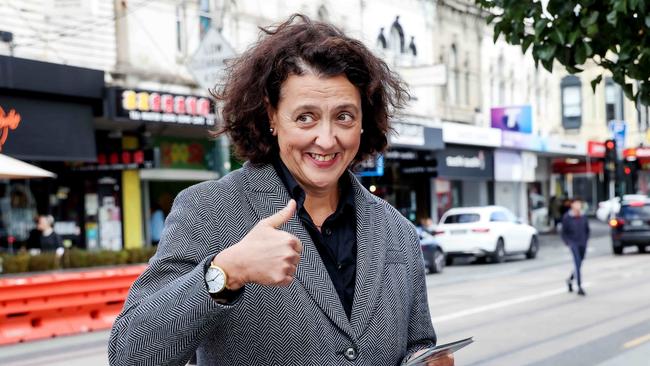 Independent candidate Monique Ryan, who is contesting the Melbourne seat of Kooyong against Josh Frydenberg, campaigns in Hawthorn on Wednesday. Picture: NCA NewsWire / Ian Currie