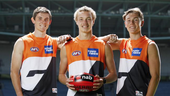 Giants draftees Connor Stone, Ryan Angwin and Tanner Bruhn. Picture: Dylan Burns/AFL Photos