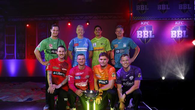 Hilton Cartwright (Melbourne Stars), Nic Maddinson (Melbourne Renegades), Peter Siddle (Adelaide Strikers), Josh Philippe (Sydney Sixers), Aaron Hardie (Perth Scorchers), Jason Sangha (Sydney Thunder), Nathan Ellis (Hobart Hurricanes) and Sam Billings (Brisbane Heat) at the launch of the KFC BBL 12 season at The Venue in Sydney. Photo by Phil Hillyard(Image Supplied for Editorial Use only - **NO ON SALES** - Â©Phil Hillyard )