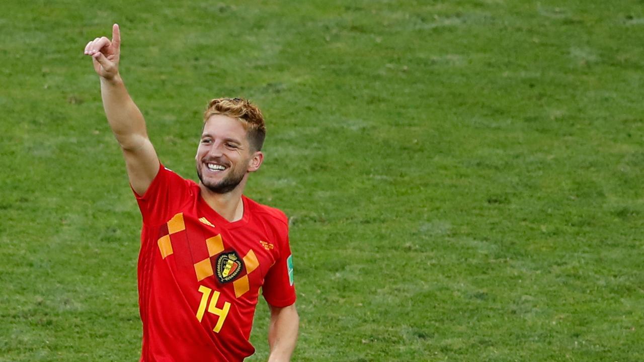 Belgium's forward Dries Mertens celebrates his goal