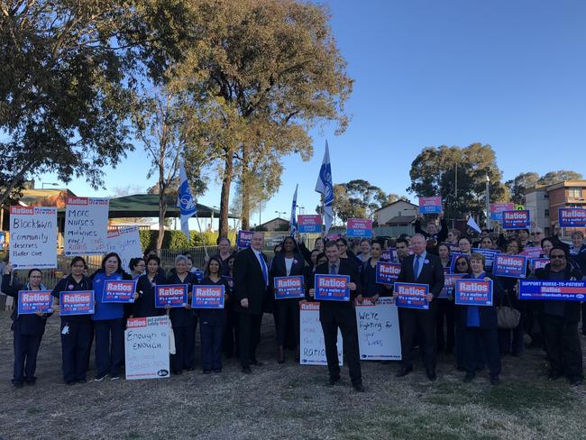 Nurses protest for a new nursing ratio system at Blacktown Hospital on August 20, 2018.