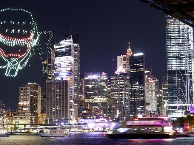 DAILY TELEGRAPH, 29th MAY 2022. 600 drones take part in the largest drone and light show ever seen in the Southern Hemisphere, - The Paramount+ Drone Show at Vivid Sydney.Picture by Damian Shaw