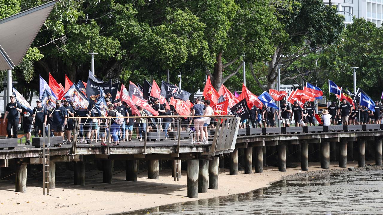 Union members walk together along the Cairns Esplanade boardwalk in the annual Labour Day march in Cairns City. Picture: Brendan Radke